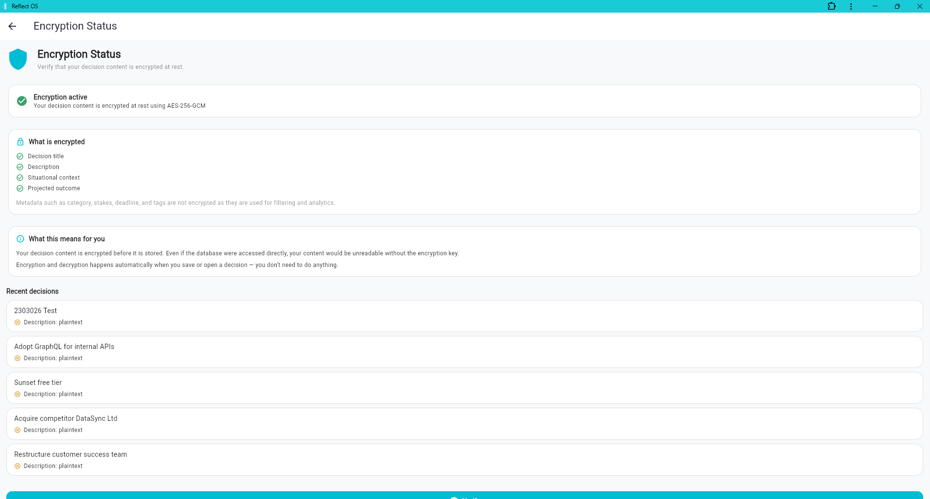 Reflect OS Encryption Status screen showing AES-256-GCM encryption confirmed on all decision content fields